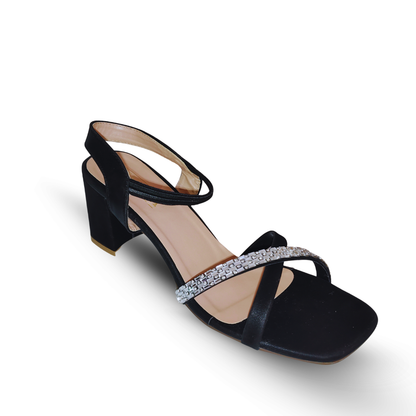 Women’s Black Block Heel Sandals with Rhinestone Straps | Stylish Party Wear & Daily Comfort Heels