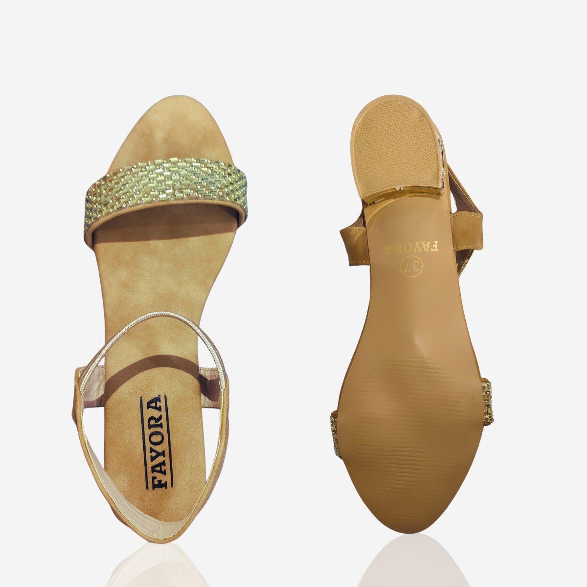 FAYORA Golden Crystal Block Heel Sandal — Comfortable Cushioned Party Wear