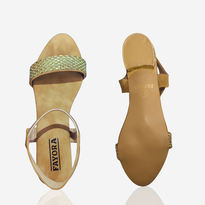 FAYORA Golden Crystal Block Heel Sandal — Comfortable Cushioned Party Wear