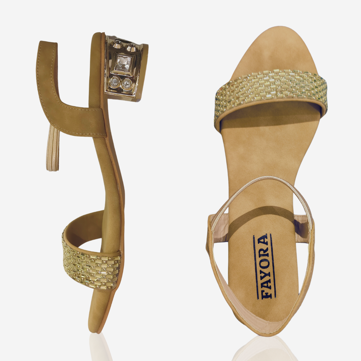 FAYORA Golden Crystal Block Heel Sandal — Comfortable Cushioned Party Wear