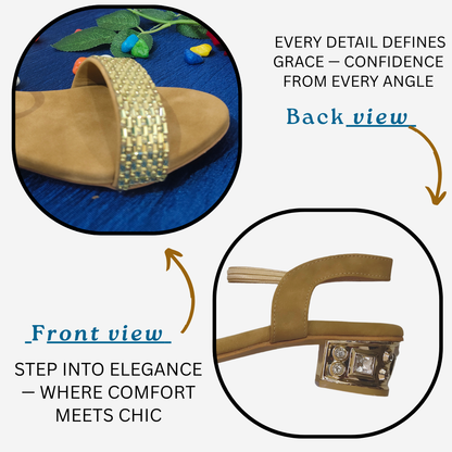 FAYORA Golden Crystal Block Heel Sandal — Comfortable Cushioned Party Wear