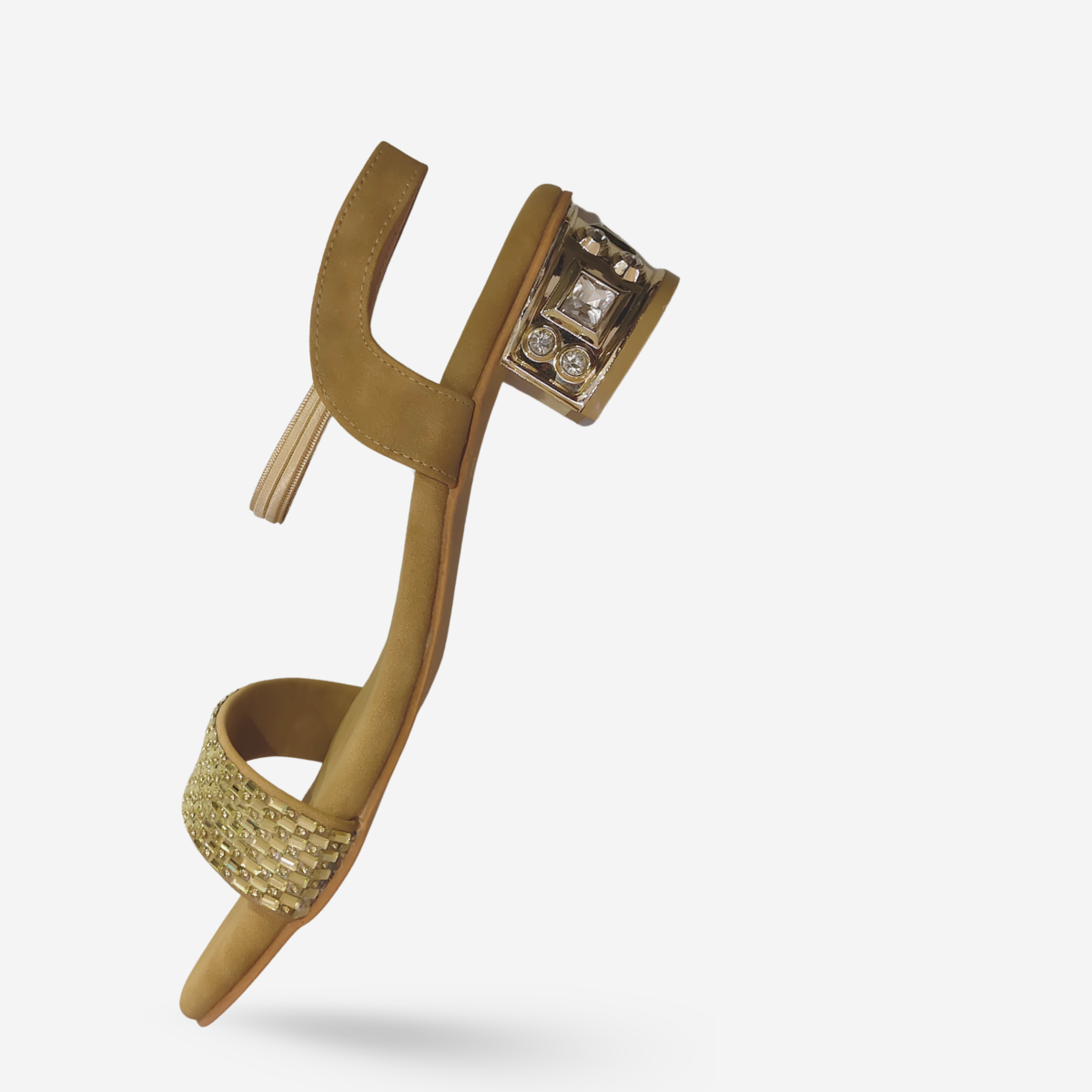 FAYORA Golden Crystal Block Heel Sandal — Comfortable Cushioned Party Wear