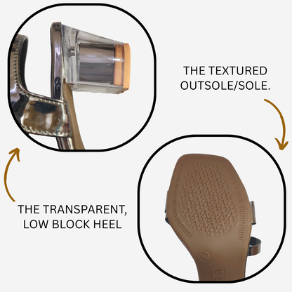 FAYORA Women’s Stylish Glossy Block Heel Sandals | Double Strap Slip-On Heels for Casual, Festive & Daily Wear