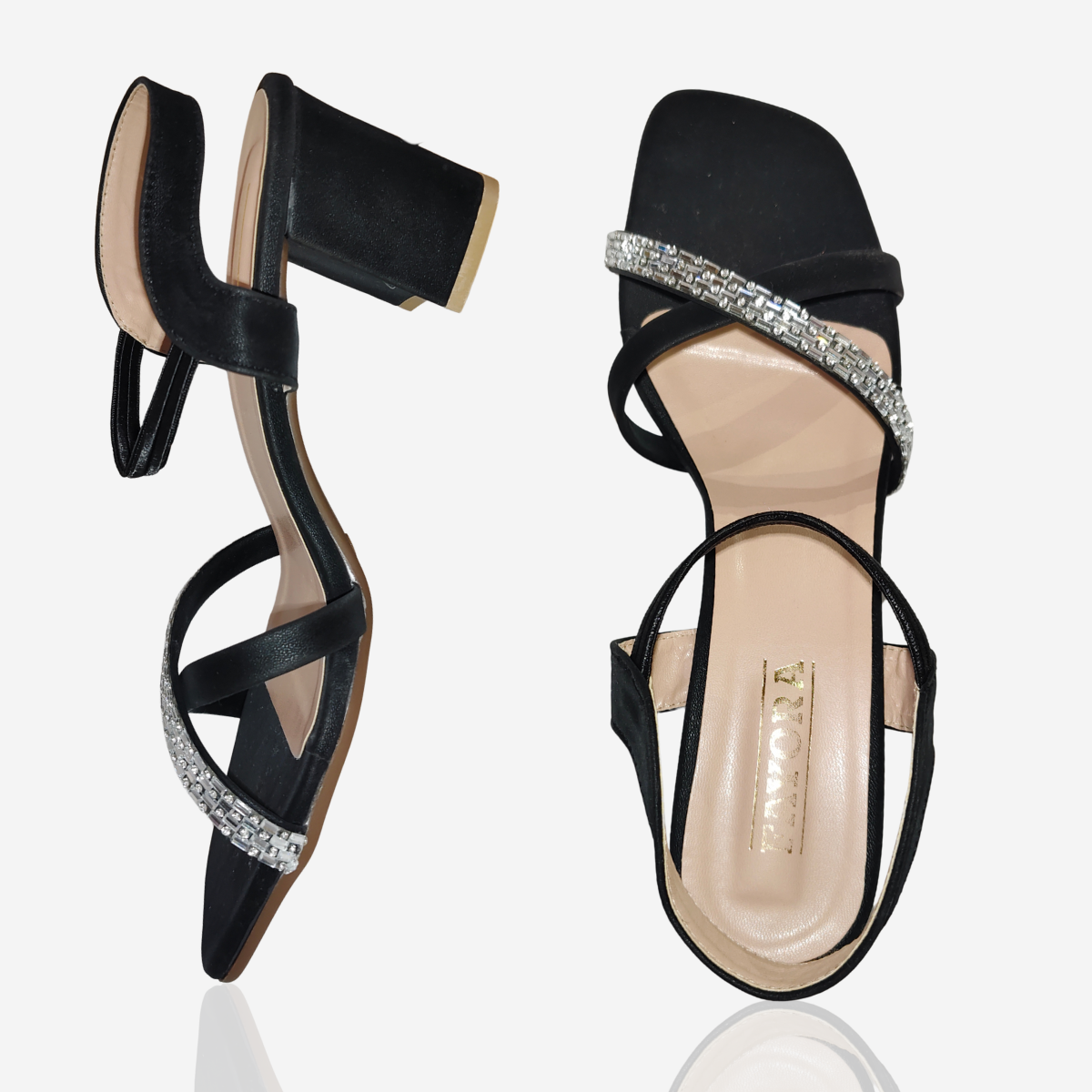 Women’s Black Block Heel Sandals with Rhinestone Straps | Stylish Party Wear & Daily Comfort Heels