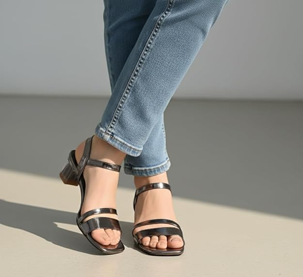 FAYORA Women’s Stylish Glossy Block Heel Sandals | Double Strap Slip-On Heels for Casual, Festive & Daily Wear