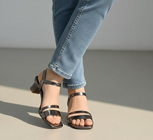 FAYORA Women’s Stylish Glossy Block Heel Sandals | Double Strap Slip-On Heels for Casual, Festive & Daily Wear