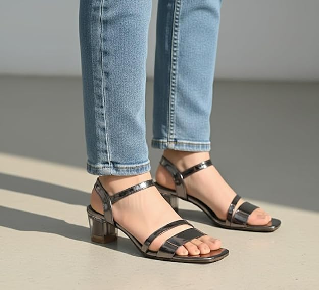 FAYORA Women’s Stylish Glossy Block Heel Sandals | Double Strap Slip-On Heels for Casual, Festive & Daily Wear