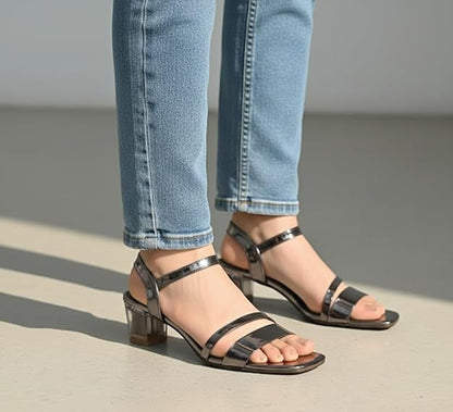 FAYORA Women’s Stylish Glossy Block Heel Sandals | Double Strap Slip-On Heels for Casual, Festive & Daily Wear