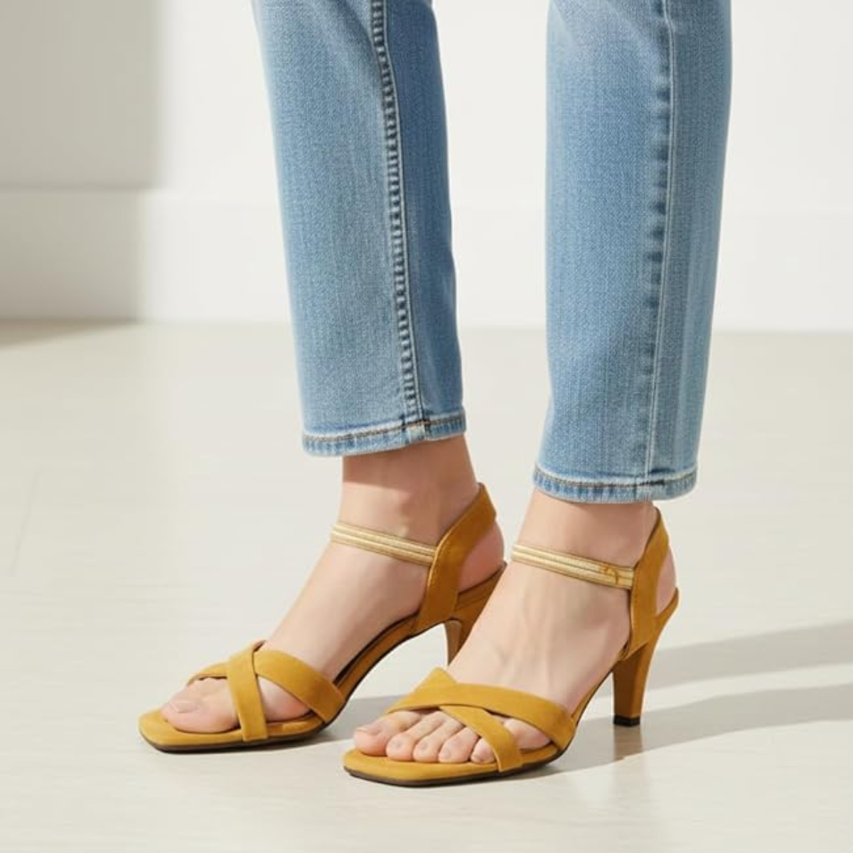 FAYORA Elegant Mustard Cross-Strap Block Heel Sandals for Women | Comfortable Daily & Party Wear