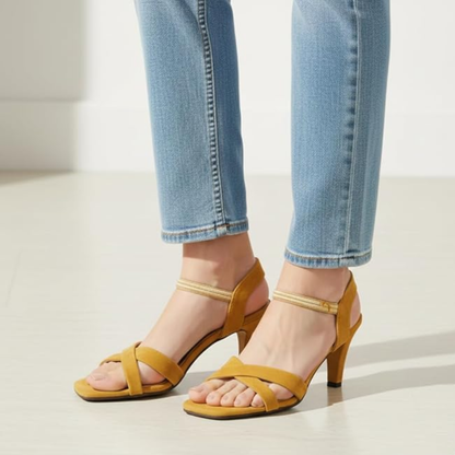 FAYORA Elegant Mustard Cross-Strap Block Heel Sandals for Women | Comfortable Daily & Party Wear