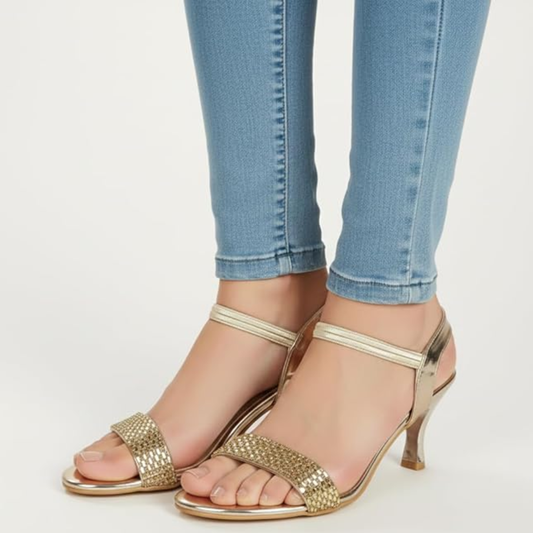 FAYORA Women’s Golden Party Heel Sandals | Stylish Comfortable Shiny Heels for Wedding & Festive Wear