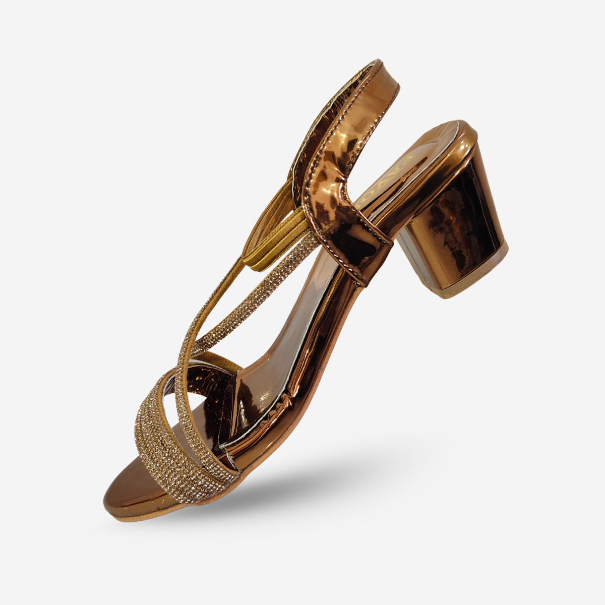 FAYORA Women’s Premium Gold Shiny Block Heel Sandals with Sparkling Criss-Cross Straps