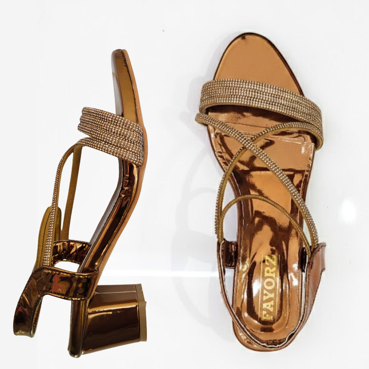 FAYORA Women’s Premium Gold Shiny Block Heel Sandals with Sparkling Criss-Cross Straps