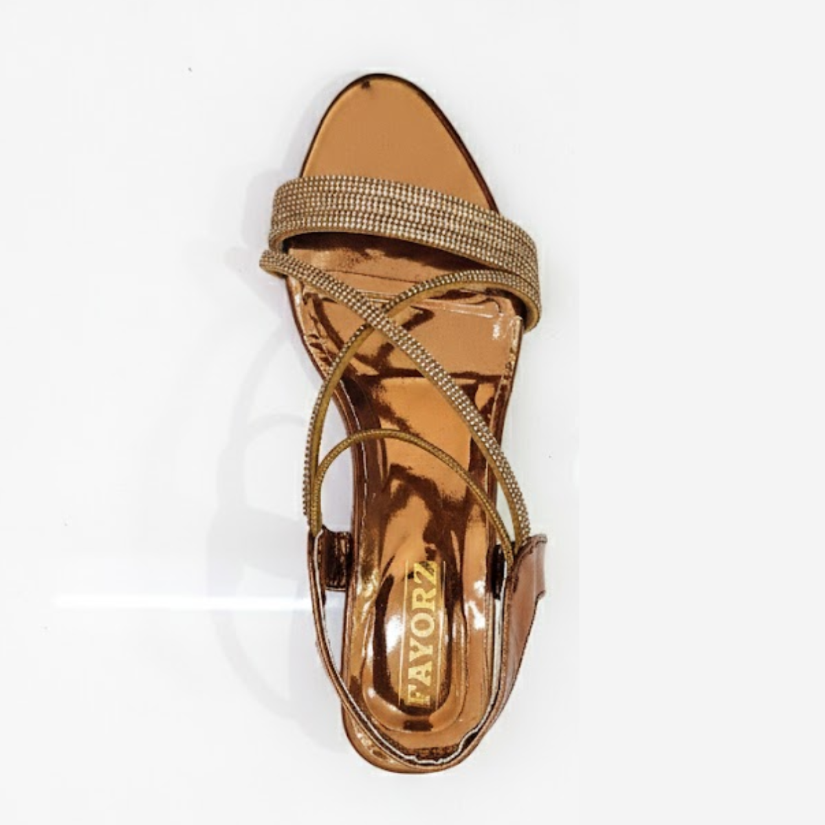 FAYORA Women’s Premium Gold Shiny Block Heel Sandals with Sparkling Criss-Cross Straps