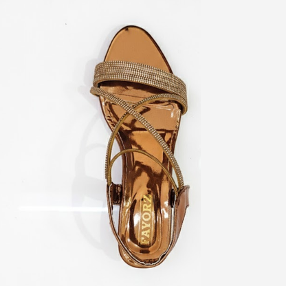 FAYORA Women’s Premium Gold Shiny Block Heel Sandals with Sparkling Criss-Cross Straps