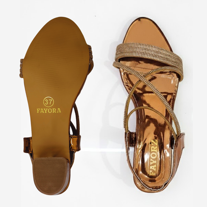 FAYORA Women’s Premium Gold Shiny Block Heel Sandals with Sparkling Criss-Cross Straps
