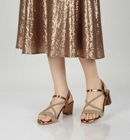 FAYORA Women’s Premium Gold Shiny Block Heel Sandals with Sparkling Criss-Cross Straps