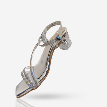 FAYORA Women’s Shiny Silver Crystal Block Heel Sandals with Stylish Multi-Strap Design