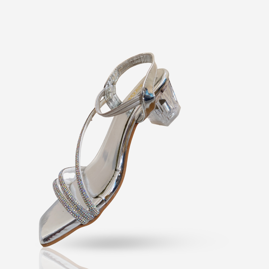 FAYORA Women’s Shiny Silver Crystal Block Heel Sandals with Stylish Multi-Strap Design