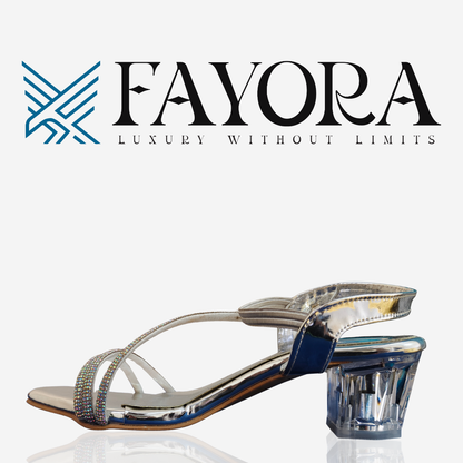 FAYORA Women’s Shiny Silver Crystal Block Heel Sandals with Stylish Multi-Strap Design