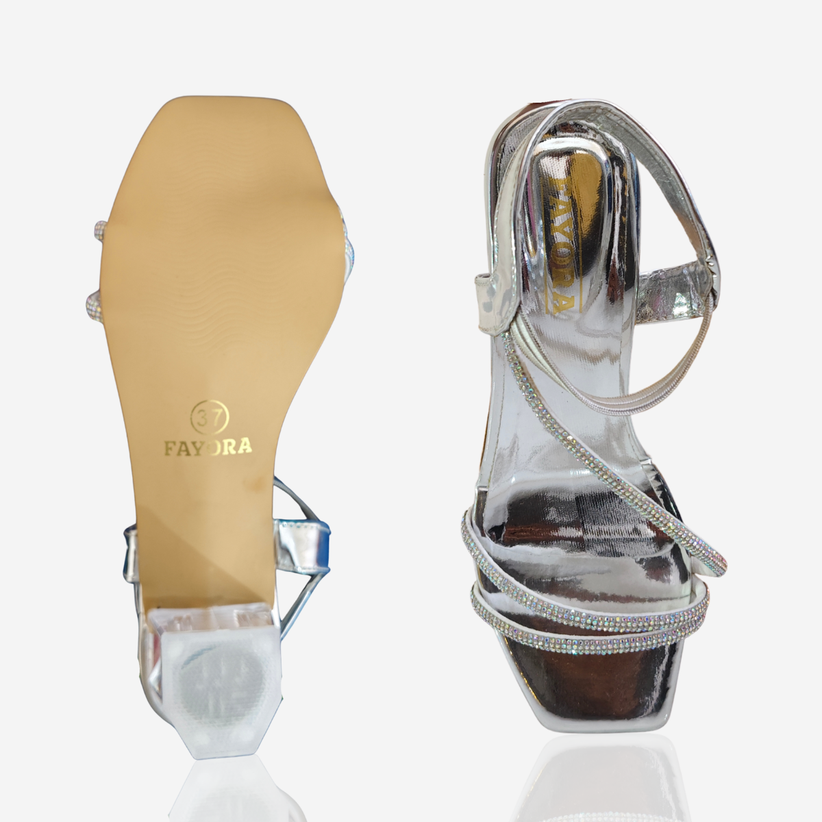 FAYORA Women’s Shiny Silver Crystal Block Heel Sandals with Stylish Multi-Strap Design