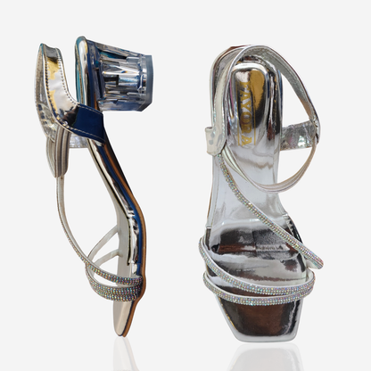 FAYORA Women’s Shiny Silver Crystal Block Heel Sandals with Stylish Multi-Strap Design