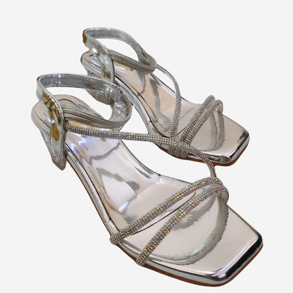 FAYORA Women’s Shiny Silver Crystal Block Heel Sandals with Stylish Multi-Strap Design