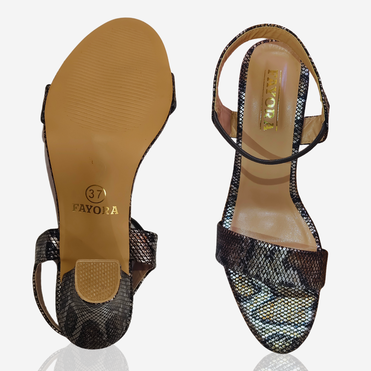 FAYORA Women’s Stylish Snake-Print Block Heel Sandals with Open Toe & Comfortable Ankle Strap | Trendy Casual & Festive Footwear