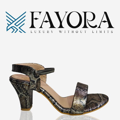 FAYORA Women’s Stylish Snake-Print Block Heel Sandals with Open Toe & Comfortable Ankle Strap | Trendy Casual & Festive Footwear