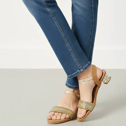 FAYORA Golden Crystal Block Heel Sandal — Comfortable Cushioned Party Wear